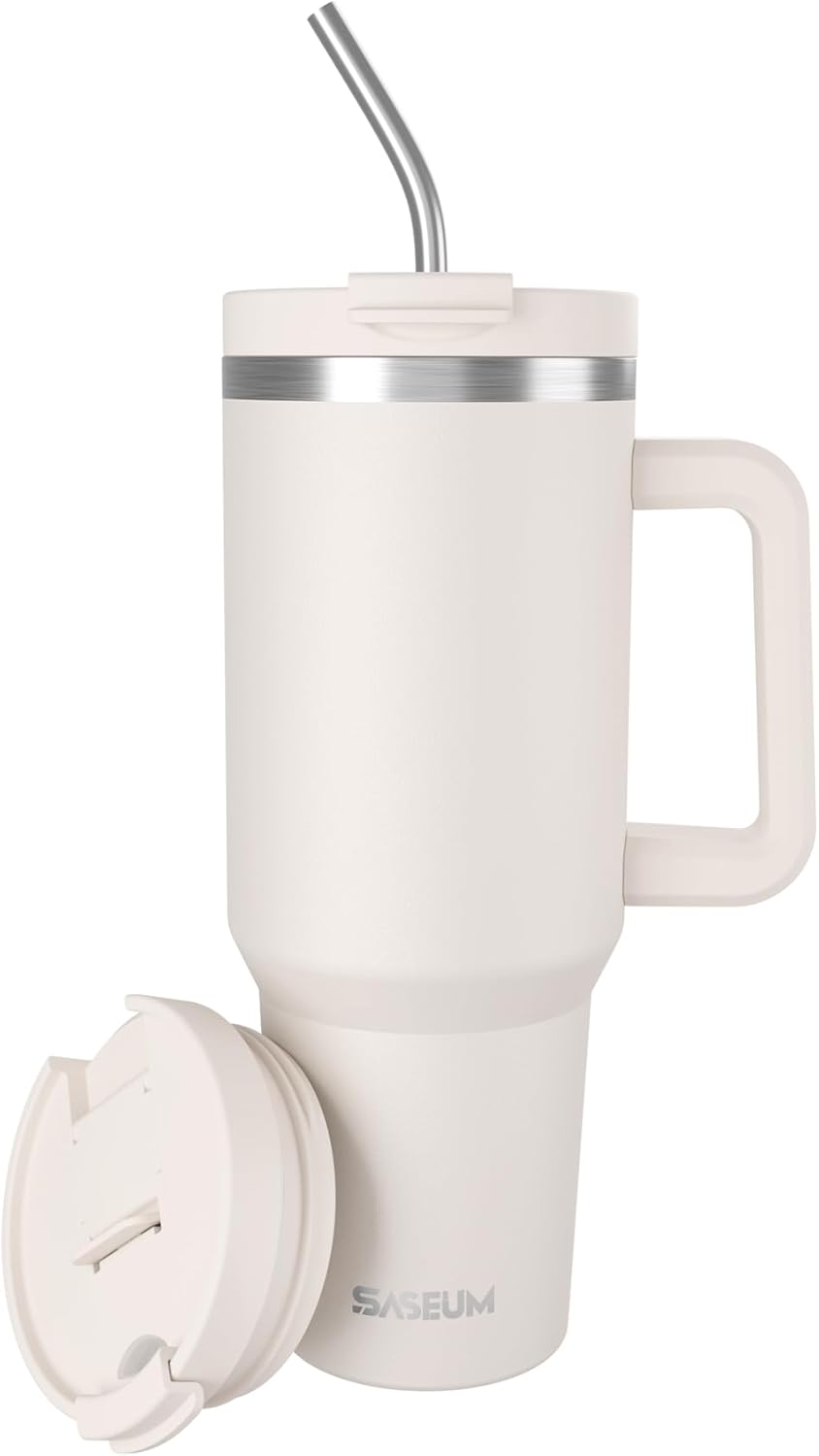 SASEUM 40 Oz Stainless Steel Tumbler - Insulated Water Bottle with Handle & Lid | BPA-Free, White