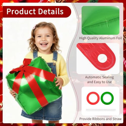 Christmas Gift Box Balloons Set - Red & Green Cube Foil Balloons with Ribbons
