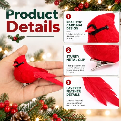 12 Pcs Red Cardinal Bird Ornaments for Christmas Wreaths & Holiday Decor