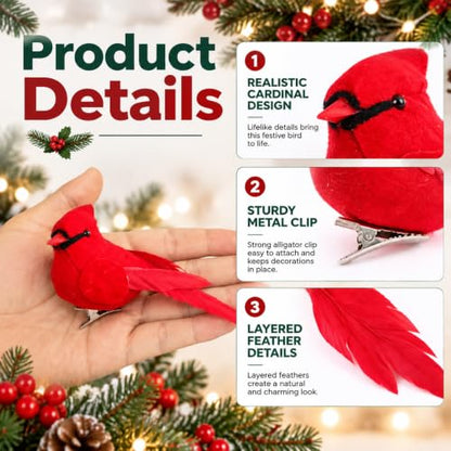 12 Pcs Red Cardinal Bird Ornaments for Christmas Wreaths & Holiday Decor