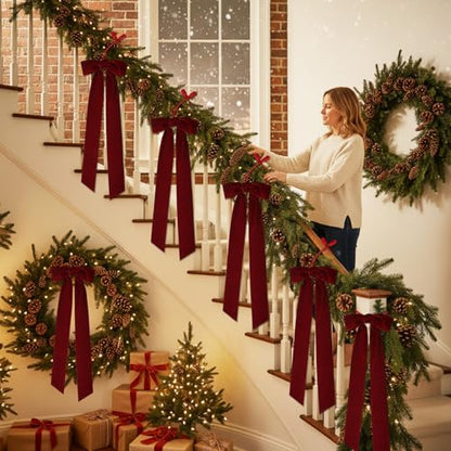 Christmas Garland Ties with Velvet Bows - Burgundy, 6 Pack