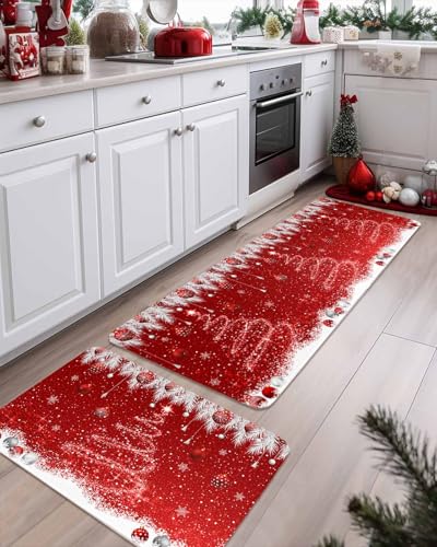 Christmas Kitchen Rugs Set - Red Sparkle Ornaments & White Tree Doormat, Washable Absorbent Floor Mats, 16x24 & 16x47 Inches