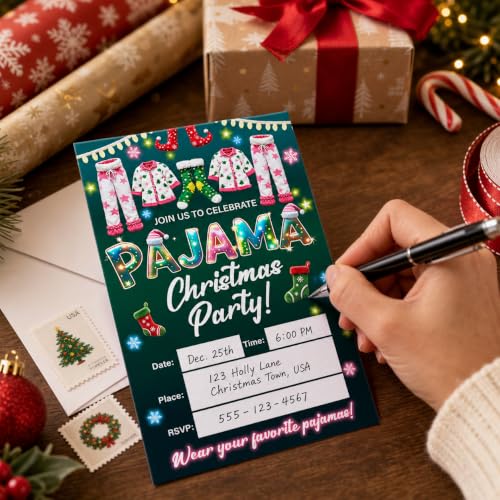 Christmas Pajama Party Invitations Set of 20 with Envelopes