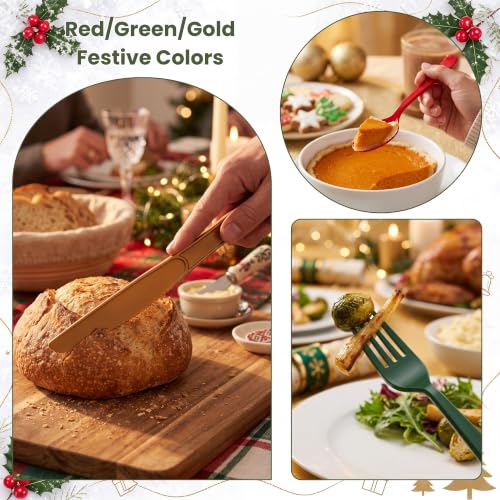 Christmas Plastic Silverware Set 300pcs Full Size Disposable Cutlery - Red Green Gold