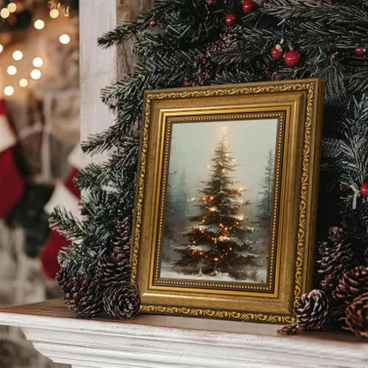 Christmas Tree Wall Art Canvas with Gold Frame - Snowy Forest Scene, 10x8 Inches - Holiday Decor