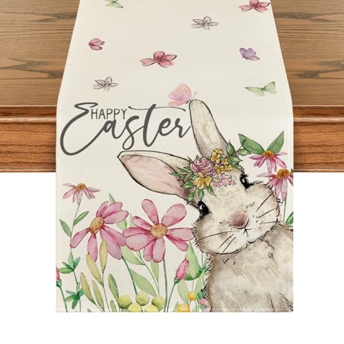 Easter Bunny Floral Table Runner 13x72 Inch for Spring Holiday Decor
