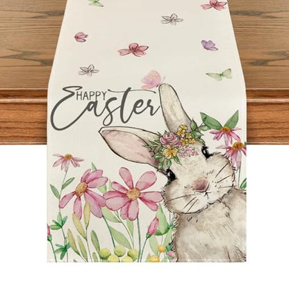 Easter Bunny Floral Table Runner 13x72 Inch for Spring Holiday Decor