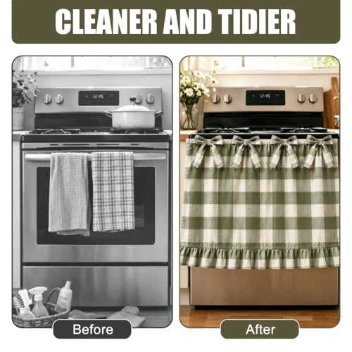 Farmhouse Sage Green Oven Skirt Curtain with Tied Bows - Coarse Check Pattern