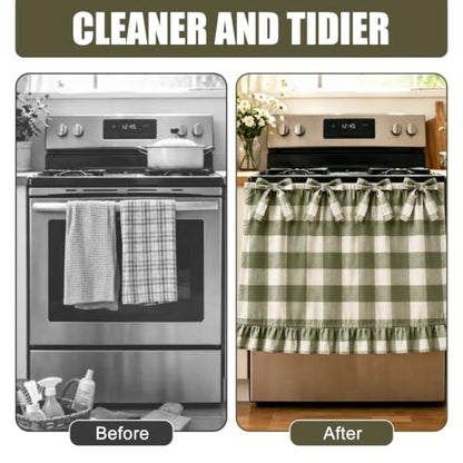 Farmhouse Sage Green Oven Skirt Curtain with Tied Bows - Coarse Check Pattern
