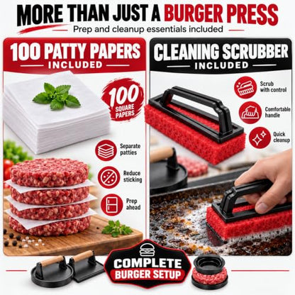 Cast Iron Burger Press Kit with Patty Maker & Steak Weight - Smashing & Grilling