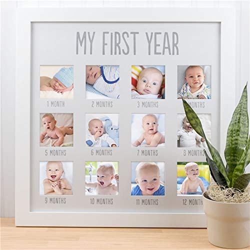 Pearhead My First Year Photo Moments Baby Keepsake Picture Frame, Baby's First Year Photo Frame, Gender-Neutral Baby Milestone Nursery Decor, White and Gray