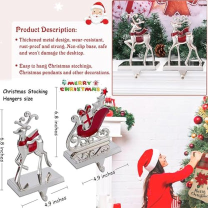 Reindeer Stocking Hangers and Sleigh Hooks Set - Christmas Fireplace Decor - Red Reindeer Variation