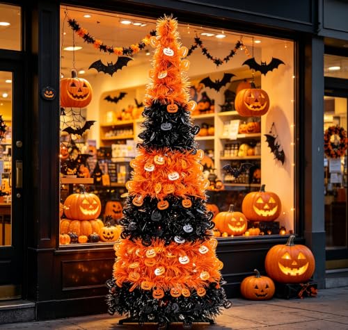 5ft Collapsible Halloween Tinsel Tree Black and Orange Reusable Pop-Up Decor