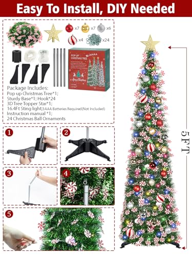 Pop Up Christmas Tree 5ft with Timer Lights Decorations - Green & Candy