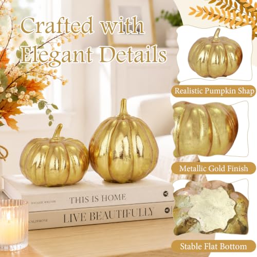 Fall Pumpkin Decor Set - Gold Resin Figurines for Table Centerpiece, 2 Pieces