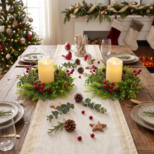Green Christmas Mini Wreaths Set of 4 with Pinecones Berries Ribbon for Holiday Decor