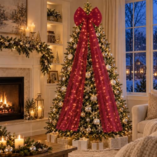 Burgundy Lighted Christmas Bow 71 Inch Tulle Tree Topper with Timer - Burgundy