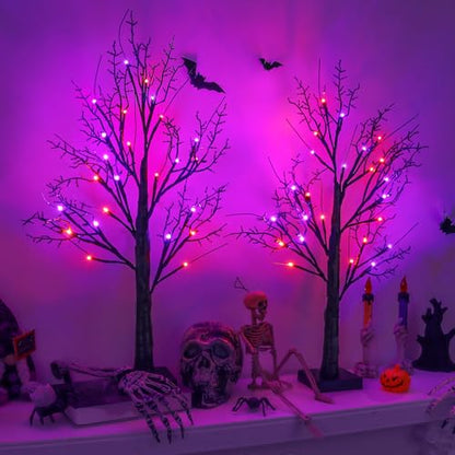 Indoor Halloween Decor 2 Pack Black 24-Inch Tree with Orange & Purple LED Lights - Timer & USB/Battery Operated, Spooky Tabletop Decorations Variation of Orange Purple