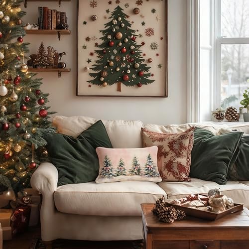 Christmas Tree Coquette Pink Bow Lumbar Pillow Cover 12x20 Pack of 1 - Girly Holiday Decor