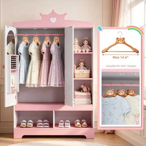 Kids Dress Up Storage Armoire with Hidden Jewelry Cabinet & Mirror - Toddler Wardrobe Organizer