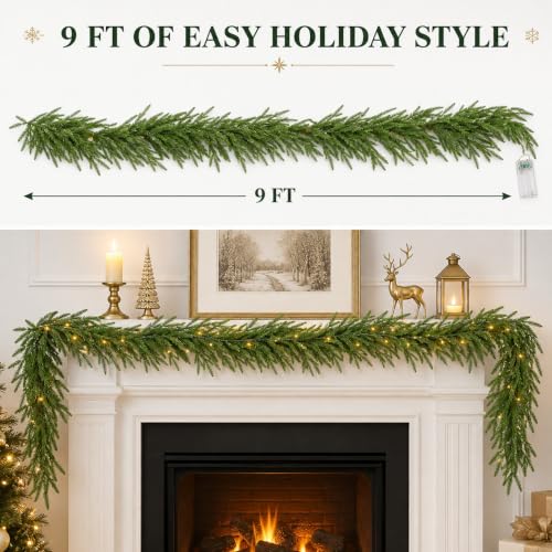 9FT Christmas Norfolk Pine Garland with 20 LED Lights - Real Touch Greenery, Battery Powered