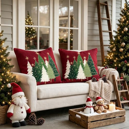 20x20 Christmas Pillow Covers Set of 2 Dark Red Xmas Tree Decor - Cotton Linen