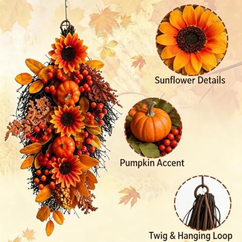 2 Pack Fall Harvest Teardrop Swags for Front Door - Autumn Decor