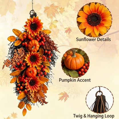 2 Pack Fall Harvest Teardrop Swags for Front Door - Autumn Decor