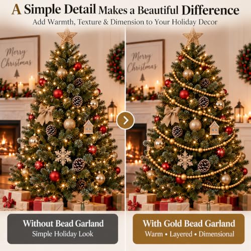 Gold Christmas Wood Bead Garland 12 FT Farmhouse Boho Tree Decor - Gold-12ft