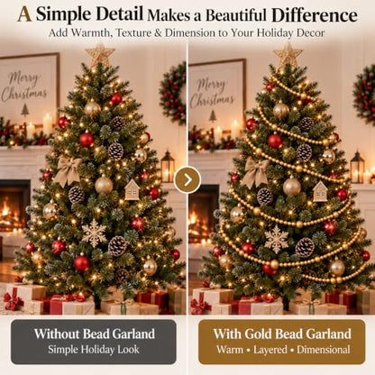Gold Christmas Wood Bead Garland 12 FT Farmhouse Boho Tree Decor - Gold-12ft
