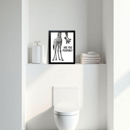 Funny Giraffe Bathroom Wall Art - 'Are You Pooping?' 8x10" Black & White Framed Print | Quirky Toilet Humor Décor