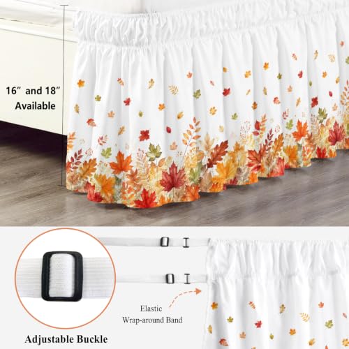 Fall Maple Leaves Bed Skirt Queen Size 16 Inch Drop Wrap Around Autumn Bedding - White, Terracotta, Pumpkin, Burnt Orange