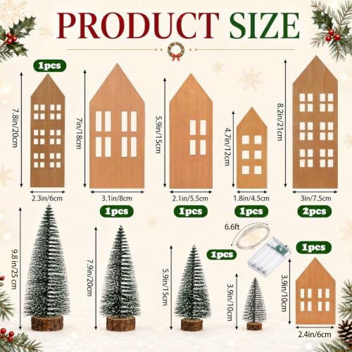 12-Piece Wooden Christmas Village Set with LED Lights and Mini Trees