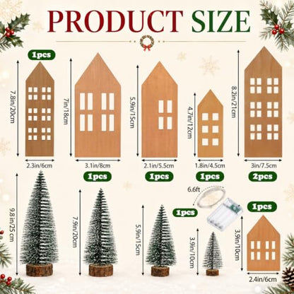 12-Piece Wooden Christmas Village Set with LED Lights and Mini Trees