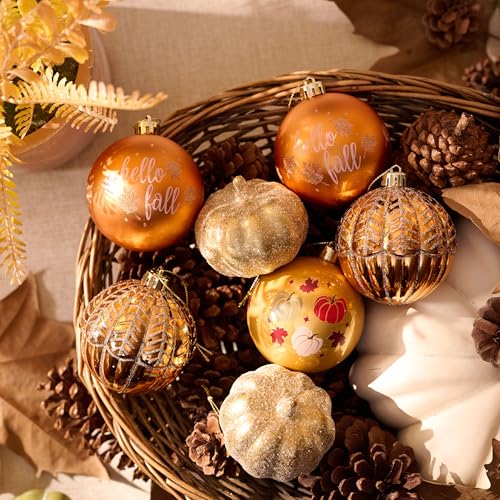 Autumn Glow 9ct 3.15in Fall Ornaments, 9 Pack, Orange-Gold, Shatterproof Christmas Tree Decorations