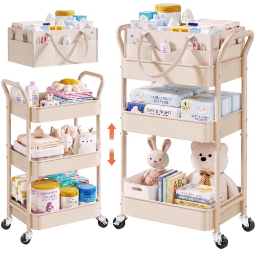 Beige 3-Tier Rolling Diaper Caddy Cart with Wheels & Removable Dividers - Baby Organizer
