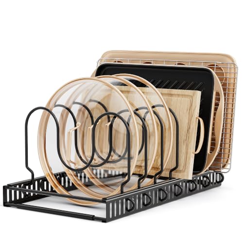 MUDEELA Pot Lid Organizer for Cabinet - Adjustable Baking Pan Rack 7 Slots - 7 Dividers