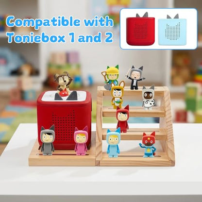 Natural 4-Tier Wooden Magnetic Tonies Shelf Organizer for Toniebox & Figures - Kid-Safe