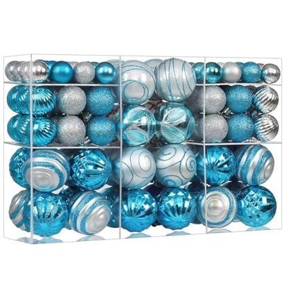 Blue & Silver Christmas Ball Ornaments Set - Shatterproof Plastic Holiday Decorations