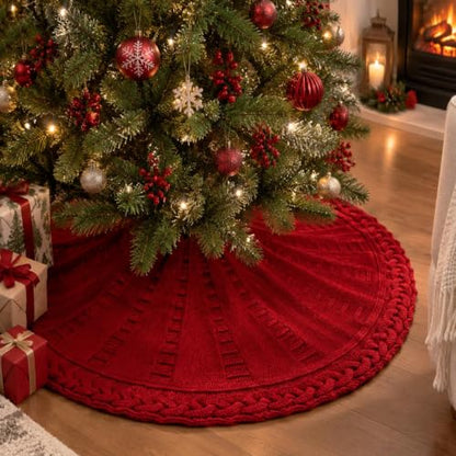 Braided Cable Knit Christmas Tree Skirt - Small Neutral Holiday Decor