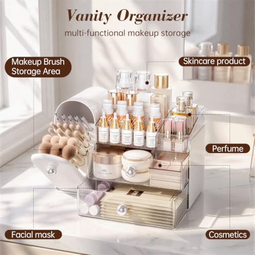 Large White Makeup Organizer with 27 Compartments and Detachable Trays - Retro Fridge Design