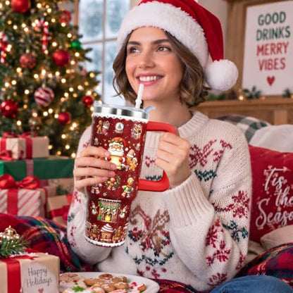 Christmas Gingerbread Tumbler with Handle 30 oz - Red Insulated Travel Mug
