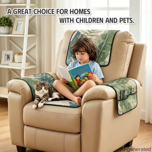 Tropical Leaf Quilted Recliner Chair Protector Cover - Full 4-Piece Set, Waterproof & Non-Slip