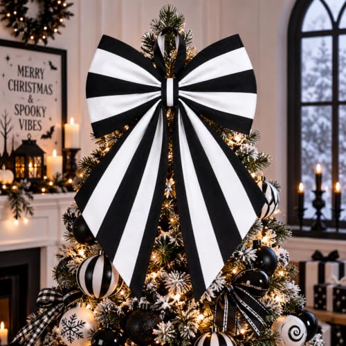 Black and White Striped Christmas Tree Topper Bow - 22 x 12.5 Inch, Satin, Holiday Decor, Variation: Stripe