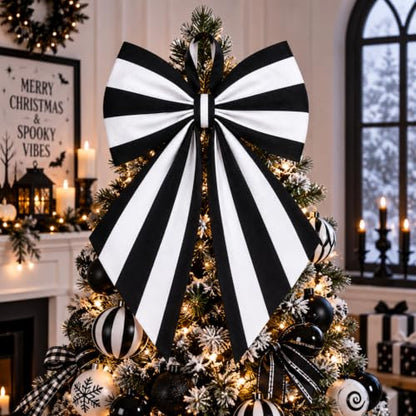 Black and White Striped Christmas Tree Topper Bow - 22 x 12.5 Inch, Satin, Holiday Decor, Variation: Stripe