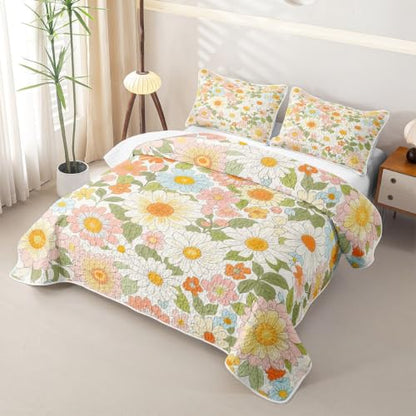 Feelyou Multi11 Boho Floral Quilt Set Twin - Colorful Wild Flowers Bedding