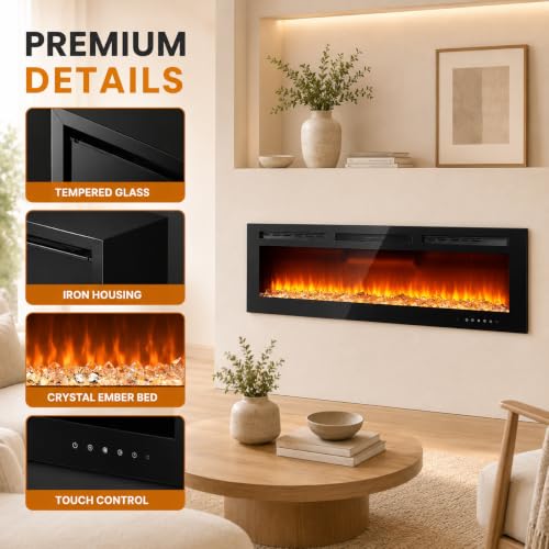 30-Inch Electric Fireplace Wall Mount & Recessed Heater - Dual Flame Effects