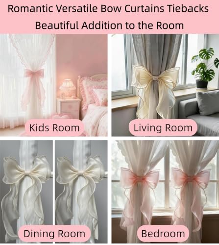 Pink French Silky Bow Curtain Tiebacks - 2 Pack, Elegant Lace Ribbon Holdbacks for Bedroom & Living Room Decor - Hot Pink