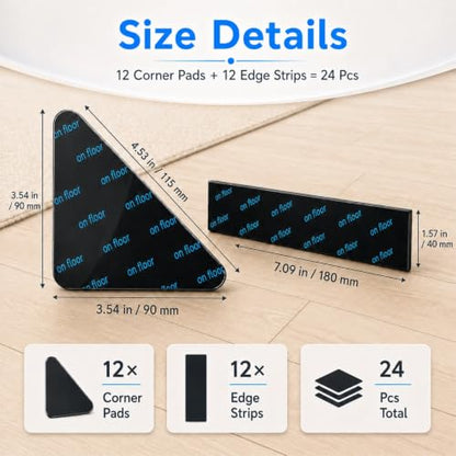 Triangle Black Rug Grippers 24 Pack Non Slip Rug Tape for Hardwood & Tile Floors