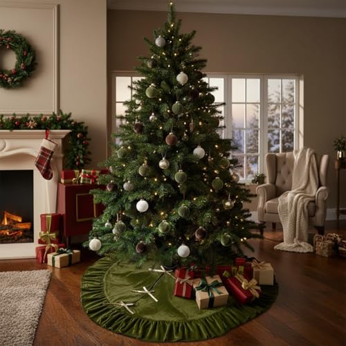 Velvet Christmas Tree Skirt 60 Inches Bow Style Olive Green - Holiday Decor